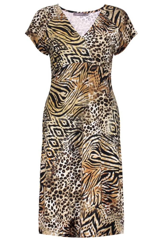 JUNE MIDI JURK MET V HALS EN PRINT 57366 60 000775 BROWN/BLACK